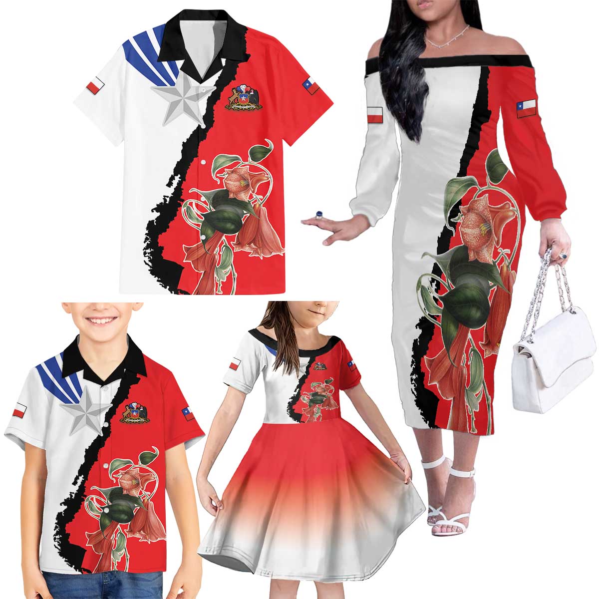 Chile Lapageria Rosea Family Matching Off The Shoulder Long Sleeve Dress and Hawaiian Shirt With Flag Color - Wonder Print Shop