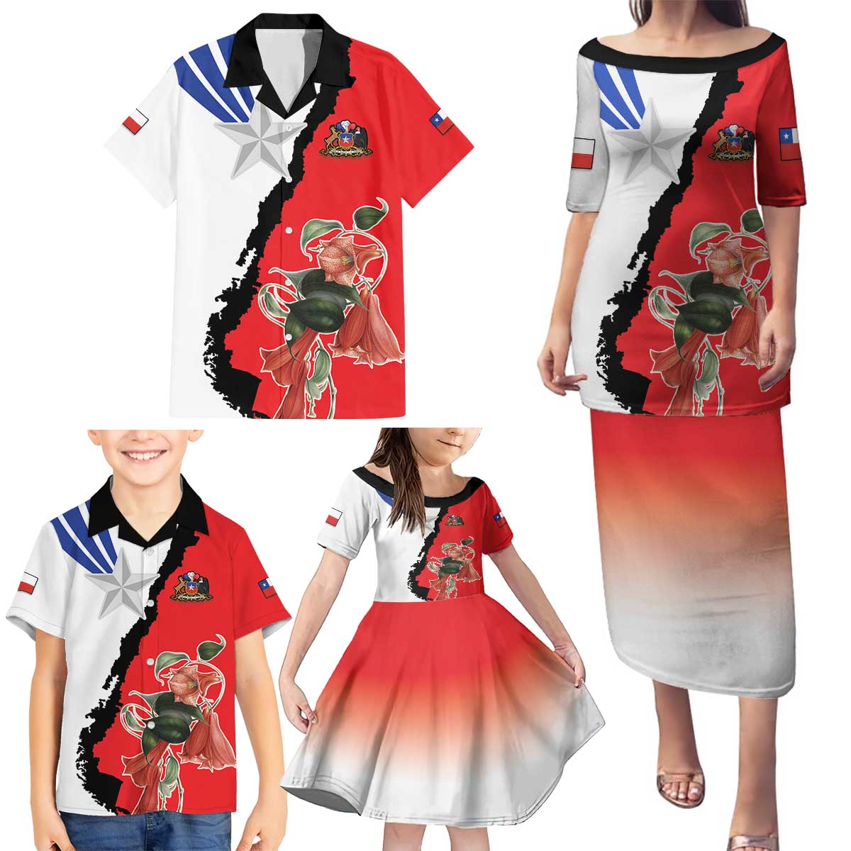 Chile Lapageria Rosea Family Matching Puletasi and Hawaiian Shirt With Flag Color - Wonder Print Shop