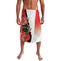 Graphic wrap skirt in red, white, and black with elastic waist and straight hem