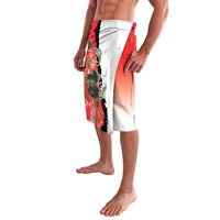 Red, white, and black floral graphic wrap skirt with elastic waist and straight hem