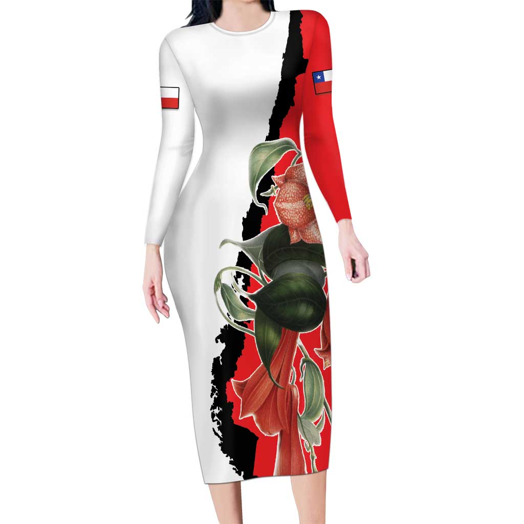 Chile Lapageria Rosea Long Sleeve Bodycon Dress With Flag Color - Wonder Print Shop