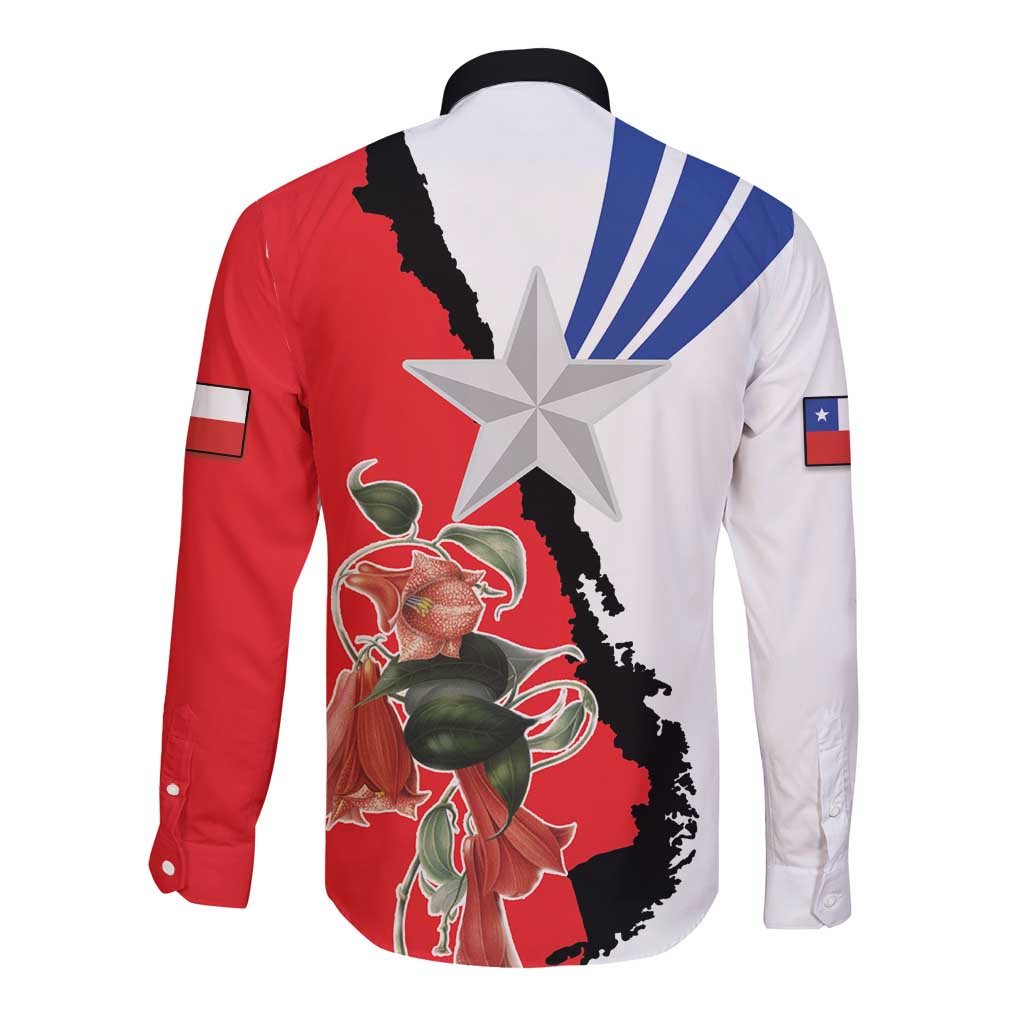 Unisex long-sleeve button shirt in red, white, blue with star and floral graphic (back)