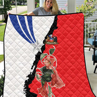 Chile flag quilt draped, red and white quilted halves with blue sunburst and flower