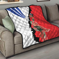 Chile flag quilt on couch, quilted red and white panels with blue stripe and floral design