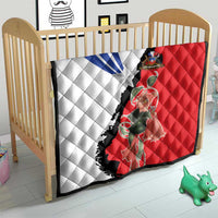 Chile flag quilt for toddler bed, quilted red, white, and blue with floral Chile graphic