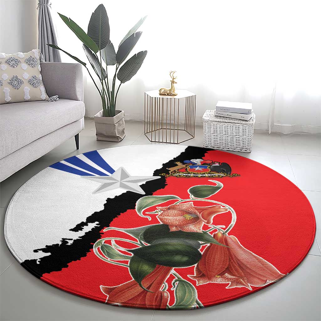 Round flag-style carpet with red center, gray left panel, black border, star graphic