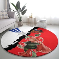 Round flag-style carpet with red center, gray left panel, black border, star graphic