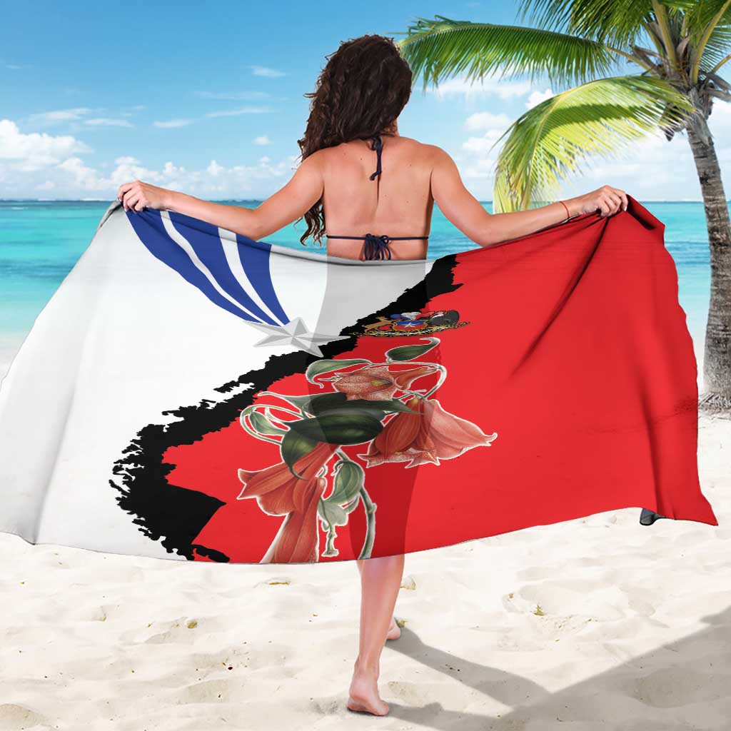 Red sarong with Chile flag-style map and star print, draped beach wrap