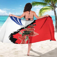 Red sarong with Chile flag-style map and star print, draped beach wrap