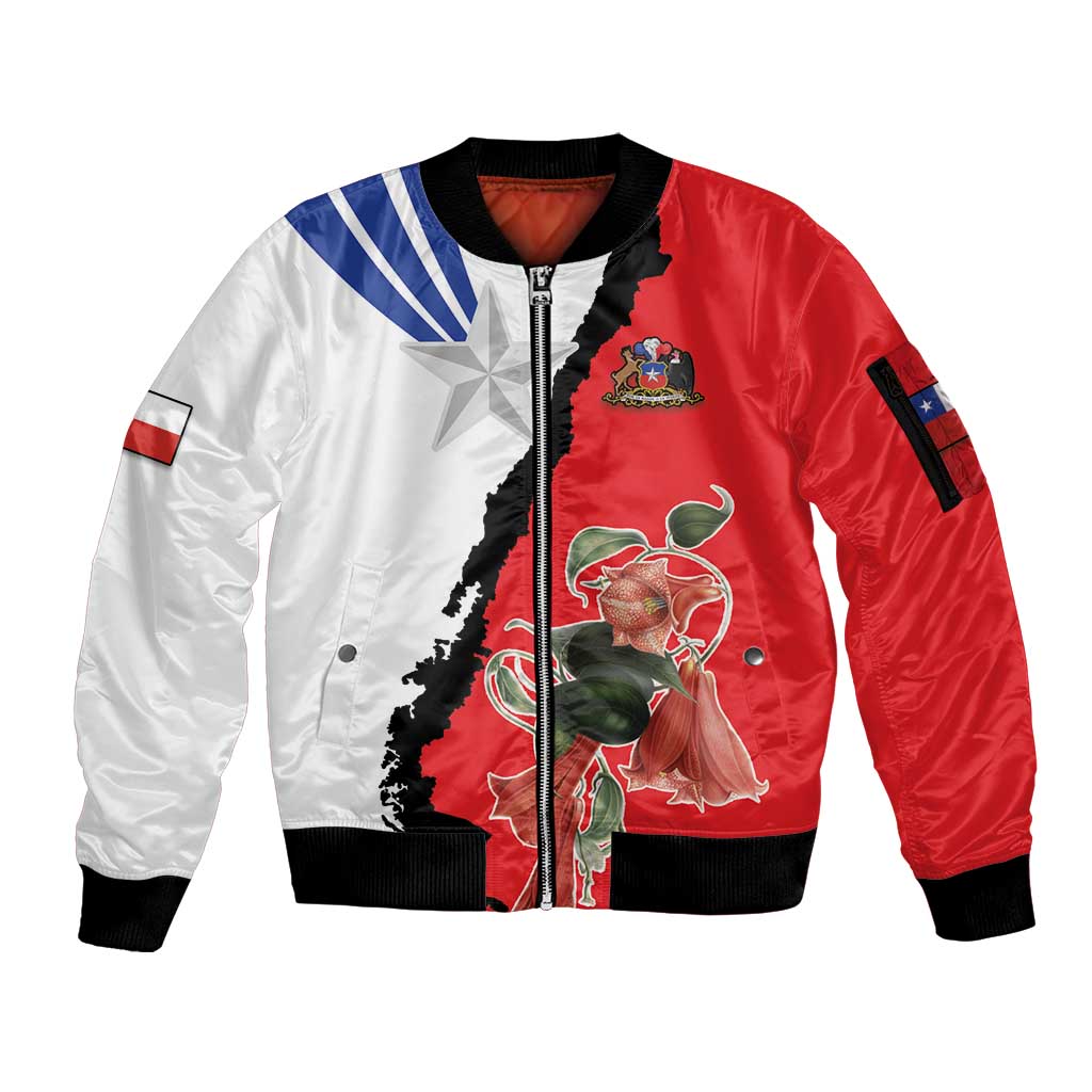 Chile Lapageria Rosea Sleeve Zip Bomber Jacket With Flag Color - Wonder Print Shop