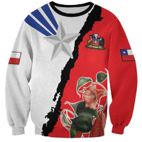Red, white and black sweatshirt with blue stripes, star graphic, and Chile flag sleeve patches