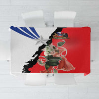 Red tablecloth with Chile-themed flag design in blue, white, and black panels