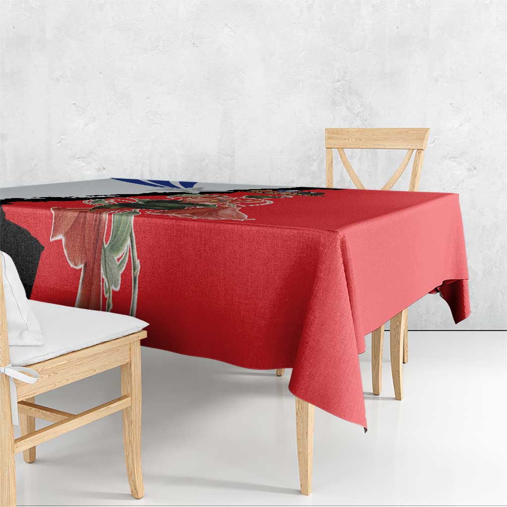 Red tablecloth draped over a table edge with Chile-inspired flag artwork