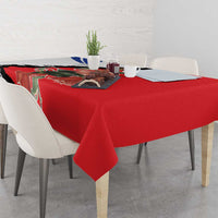 Red tablecloth with Chile flag motif, featuring emblem and blue-and-black section