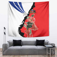 Hanging tapestry showing Chile flag colors: red, white, blue, star, and botanical figure
