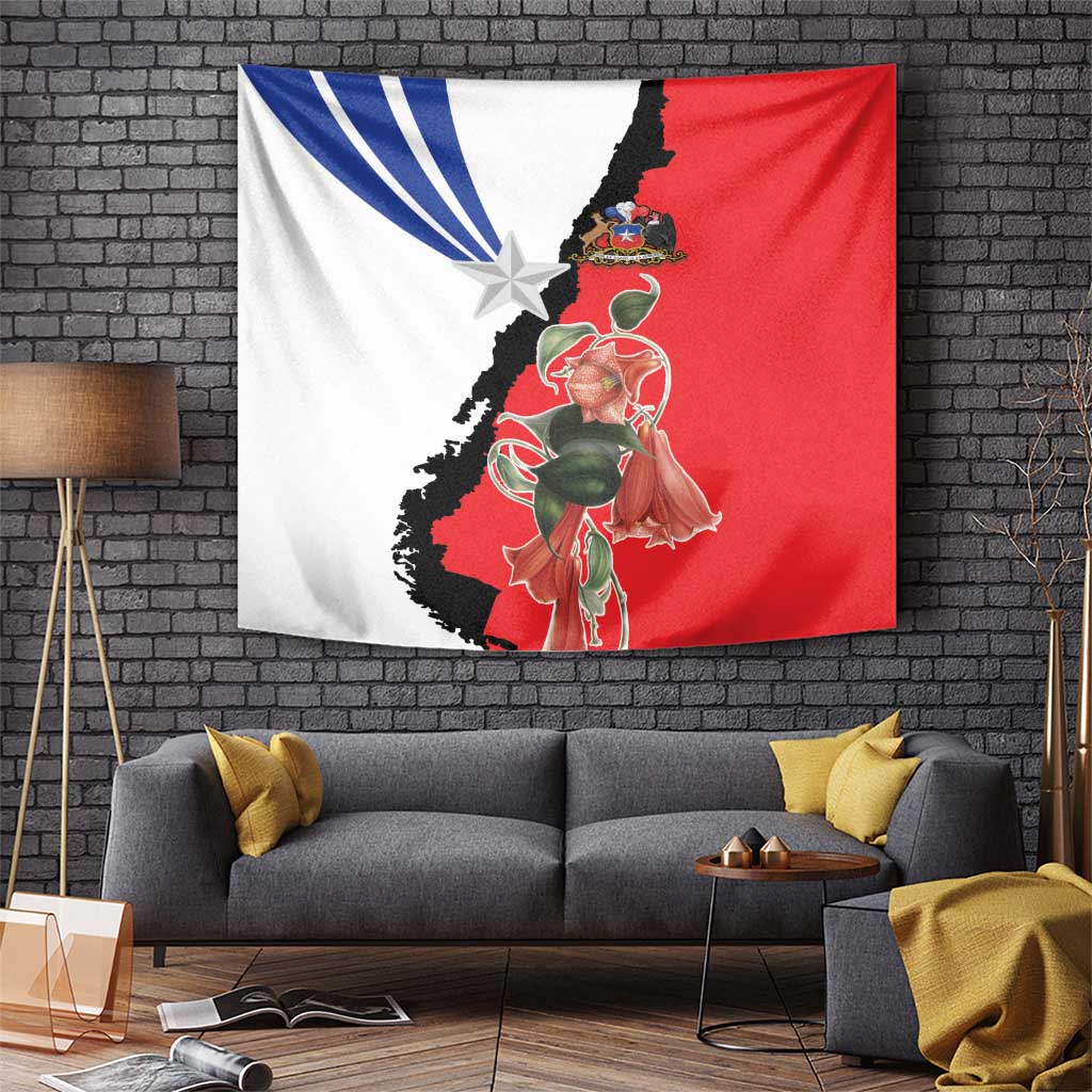Chile flag style wall tapestry with red, white, and blue design plus star and floral artwork