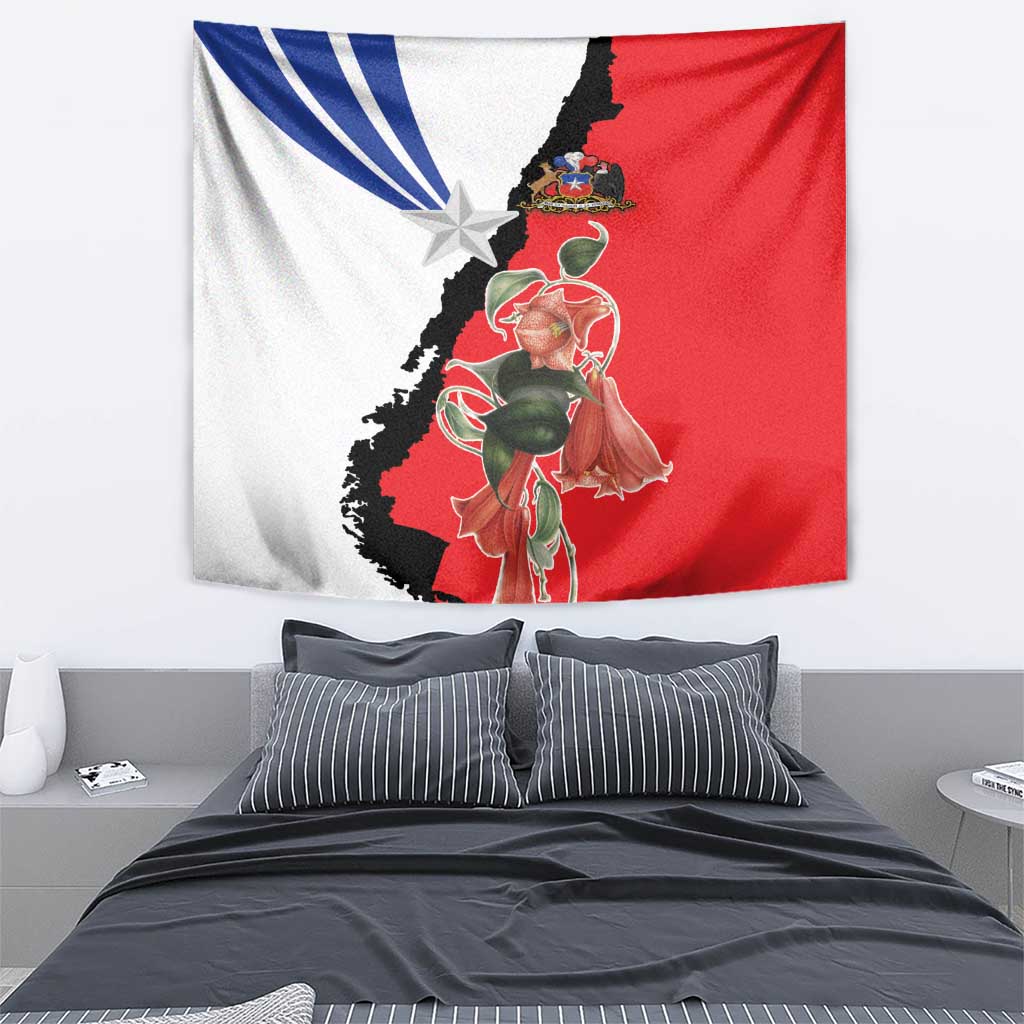 Rectangular Chile-themed tapestry with red, white, blue, star, and illustrated flower and leaves