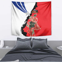 Rectangular Chile-themed tapestry with red, white, blue, star, and illustrated flower and leaves