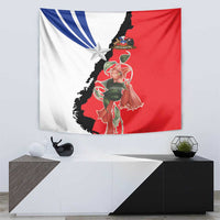Chile flag style tapestry in red, white, and blue with central star and floral illustration