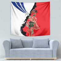 Chile flag style tapestry featuring red, white, and blue halves with central star and flowers
