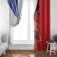 Window curtain panels with gathered header, red right and white/blue left separated by black border