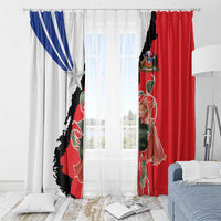 Flag-style window curtain panels with red right, white center, blue top-left, and black border print