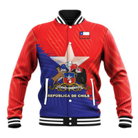 Red baseball jacket with Chile crest, full-zip front, striped collar and cuffs