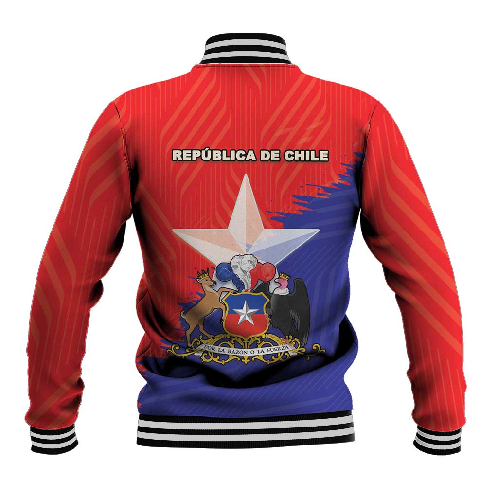 Red baseball jacket back with Republica de Chile text and crest star, striped cuffs