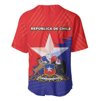 Red baseball jersey with Chile coat of arms and flag-style front graphic