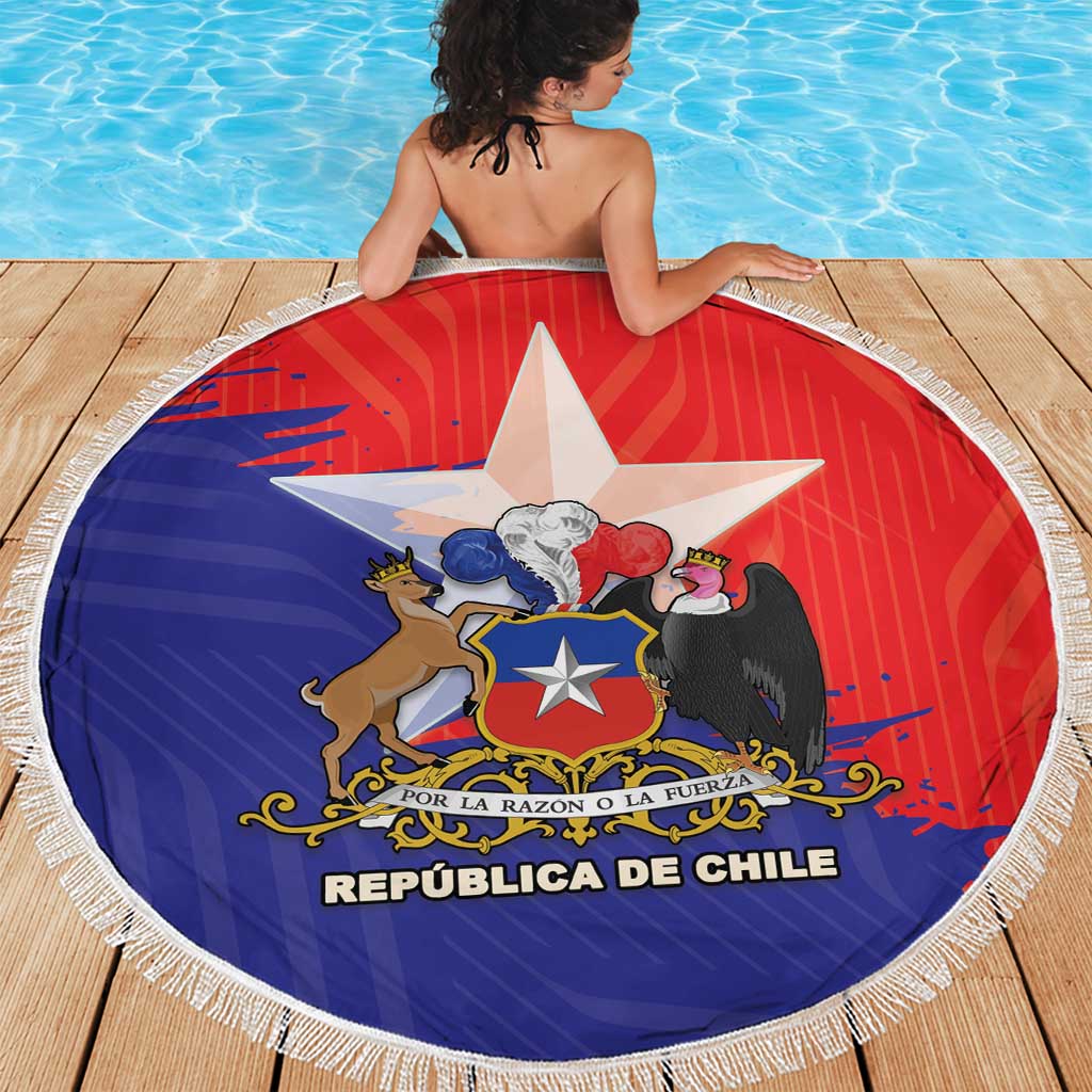 Chile coat of arms round beach blanket with white fringe and red-blue center emblem.