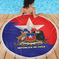 Chile coat of arms round beach blanket with white fringe and red-blue center emblem.