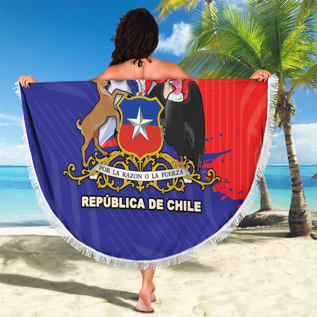 Red and blue Chile coat of arms round beach blanket with white fringed border.