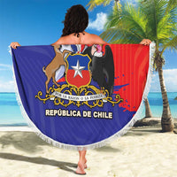 Red and blue Chile coat of arms round beach blanket with white fringed border.