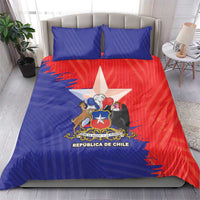Chile flag bedding set on bed with red-blue coat of arms print duvet and two pillowcases