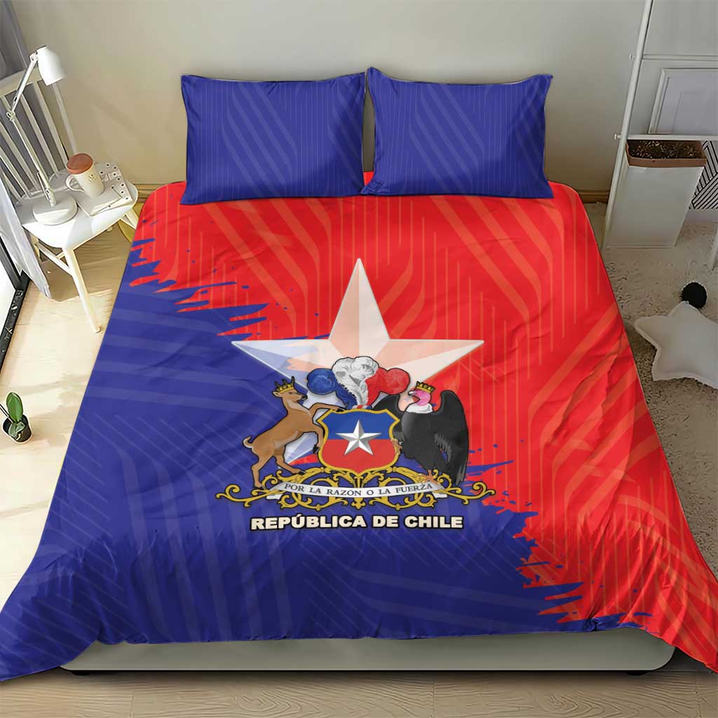 Chile flag bedding set with red-blue coat of arms duvet and two blue pillowcases
