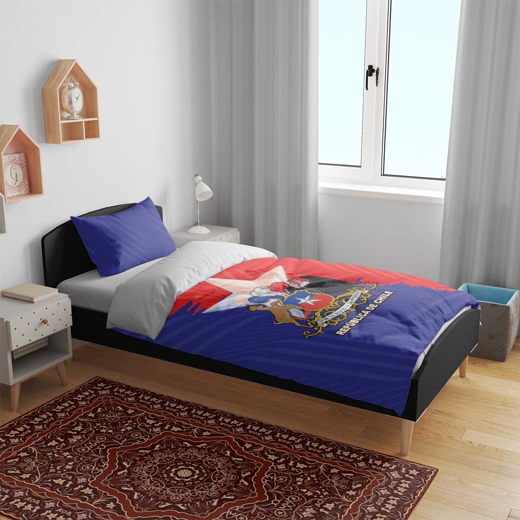 Chile flag bedding set on bed with red-blue coat of arms duvet and two blue pillows