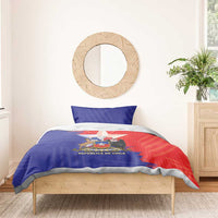 Chile flag bedding set on wooden bed frame with red-blue coat of arms duvet
