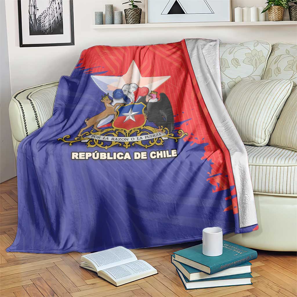 Chile flag-style blanket with coat of arms crest, blue and red tones, draped on sofa