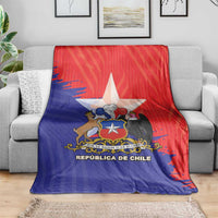 Flag-style Chile blanket with coat of arms emblem, red and blue, spread over sofa