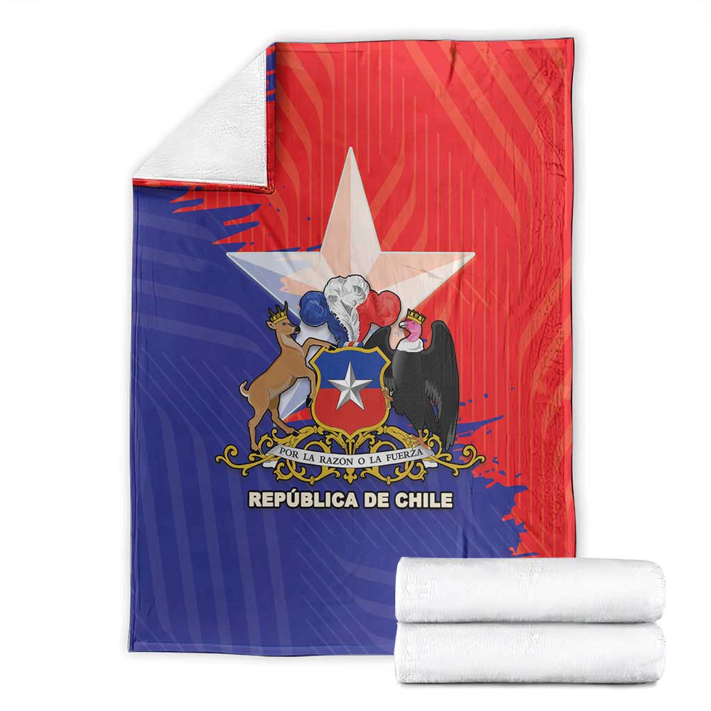 Chile flag-style blanket with coat of arms, red-and-blue design, shown with folded towels