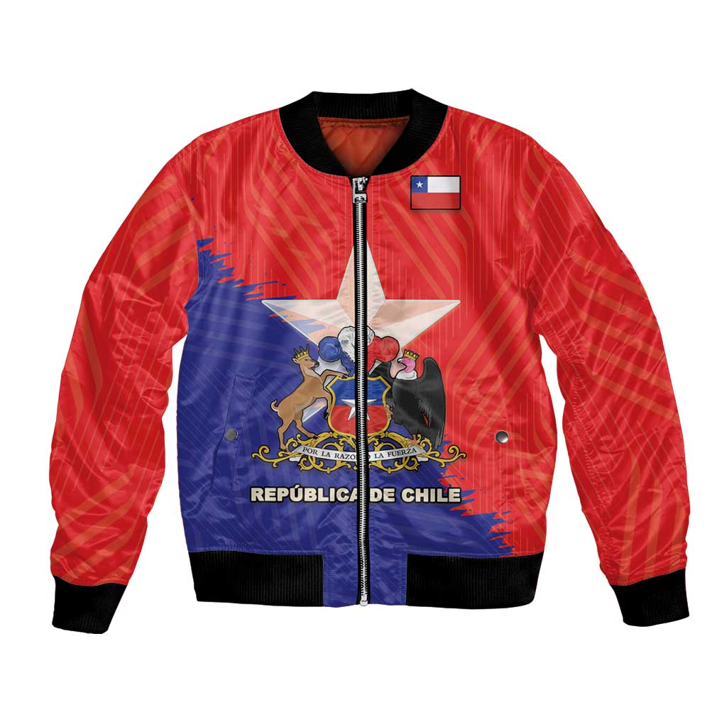 Red and blue Chile-themed bomber jacket with crest graphic, zip-front, ribbed cuffs