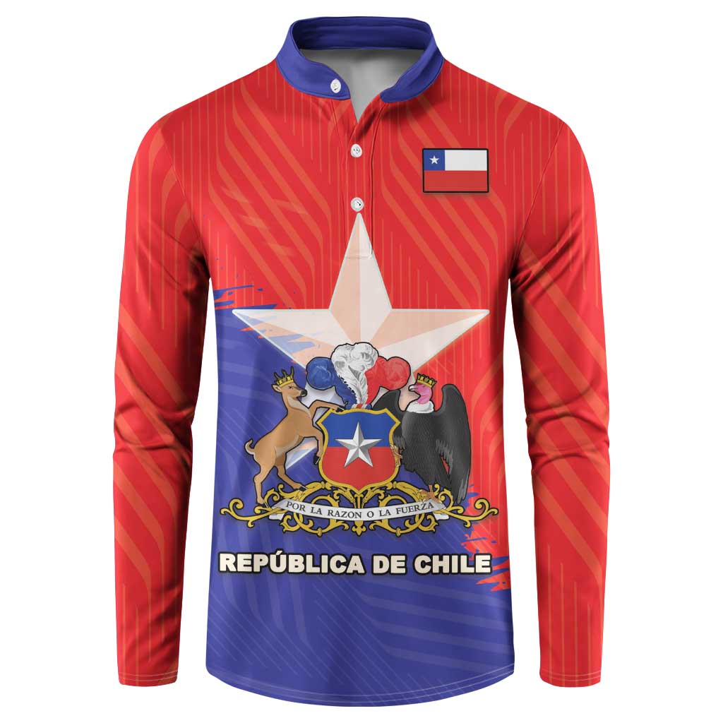 Men's button sweatshirt with Chile flag crest, red-and-blue long sleeves, blue collar