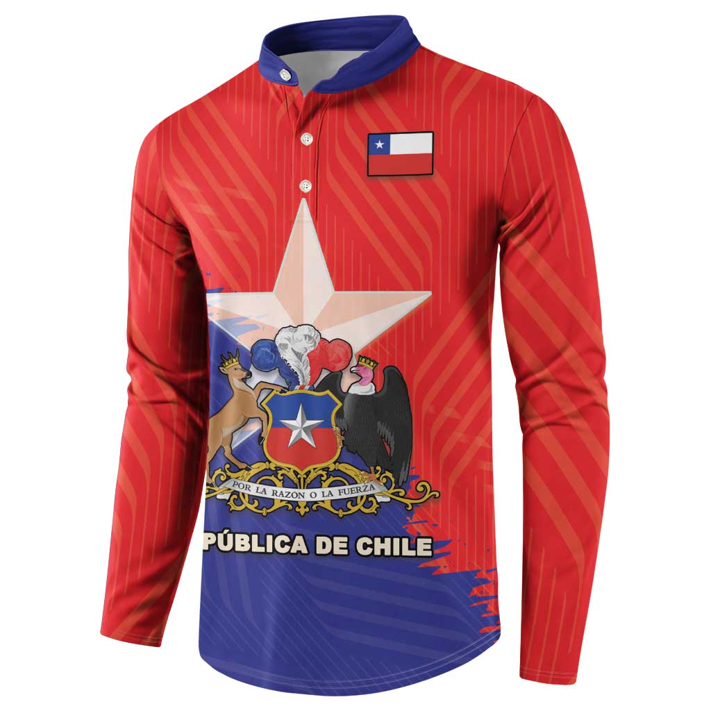 Chile crest graphic on red-and-blue button sweatshirt, blue collar and button placket
