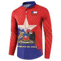 Chile crest graphic on red-and-blue button sweatshirt, blue collar and button placket