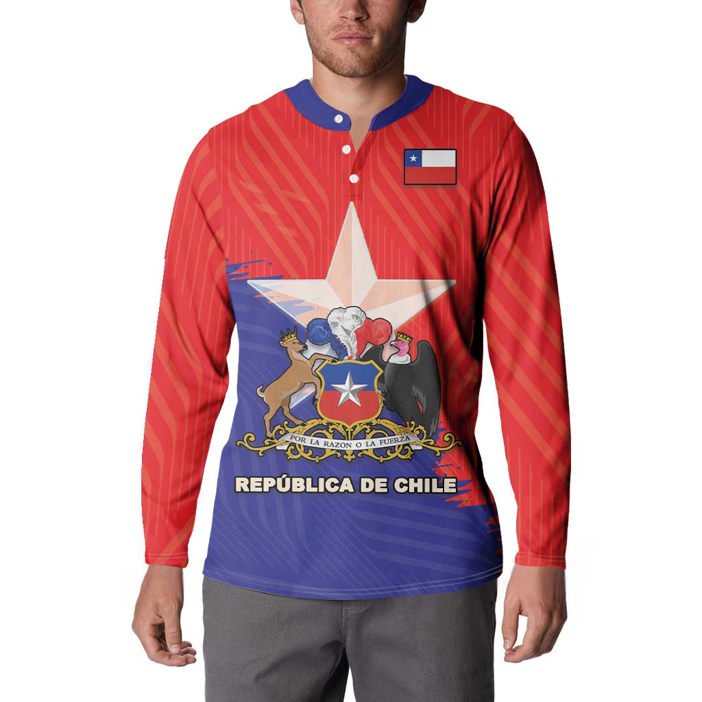 Chile flag crest button sweatshirt, red long sleeves and blue front graphic, blue collar