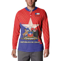 Chile flag crest button sweatshirt, red long sleeves and blue front graphic, blue collar
