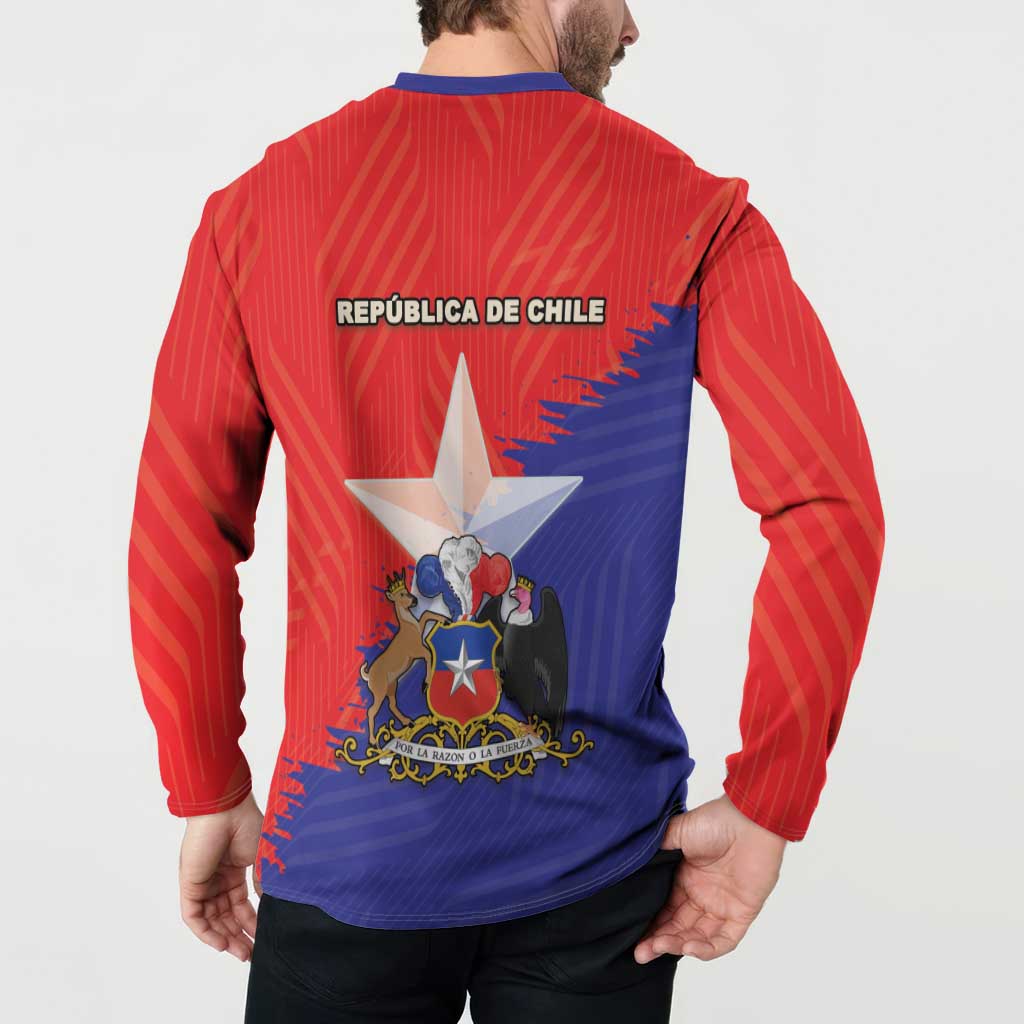 Chile crest button sweatshirt back, red side stripes with blue panel and 'REPUBLICA DE CHILE'