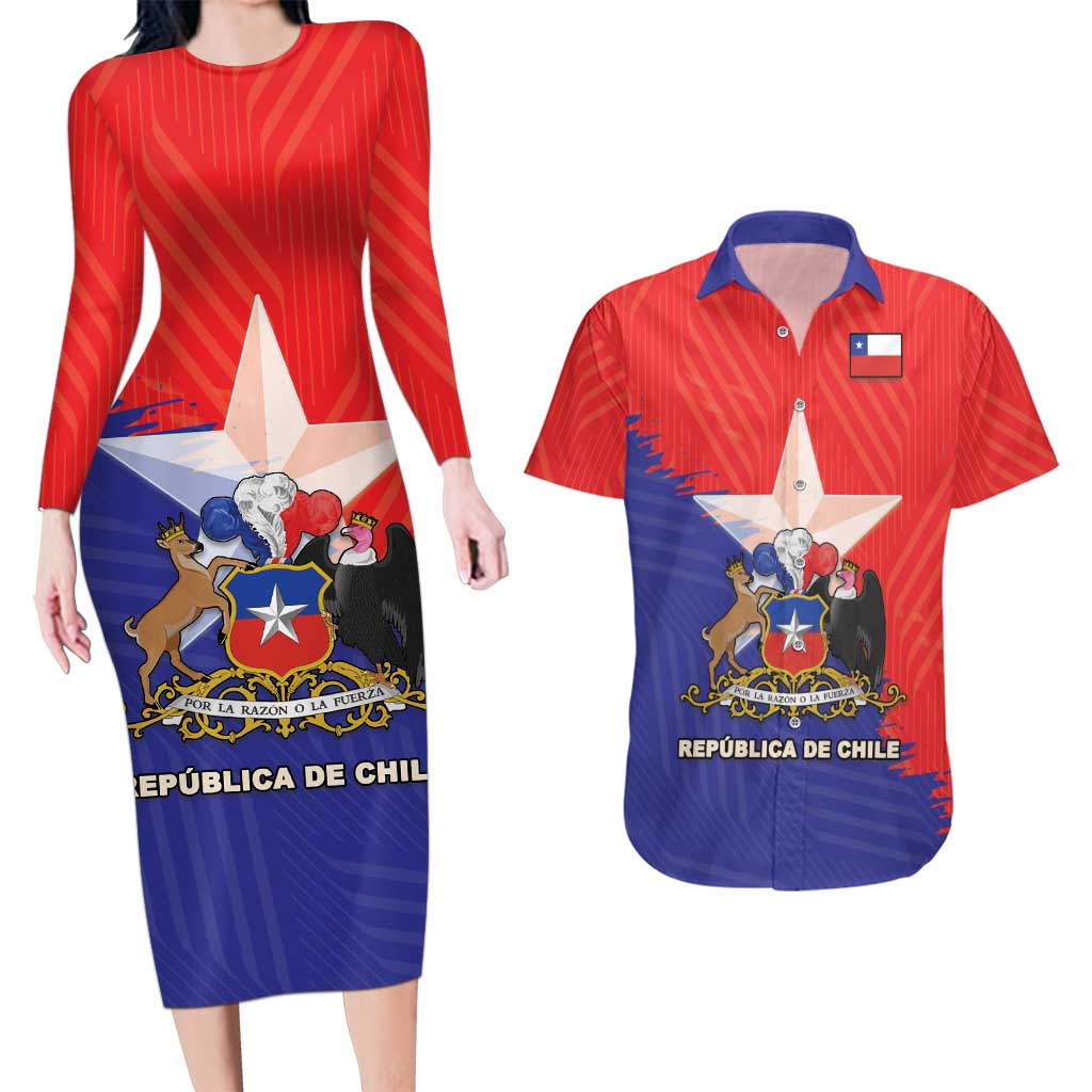 Chile Coat Of Arms Couples Matching Long Sleeve Bodycon Dress and Hawaiian Shirt With Flag Style - Wonder Print Shop