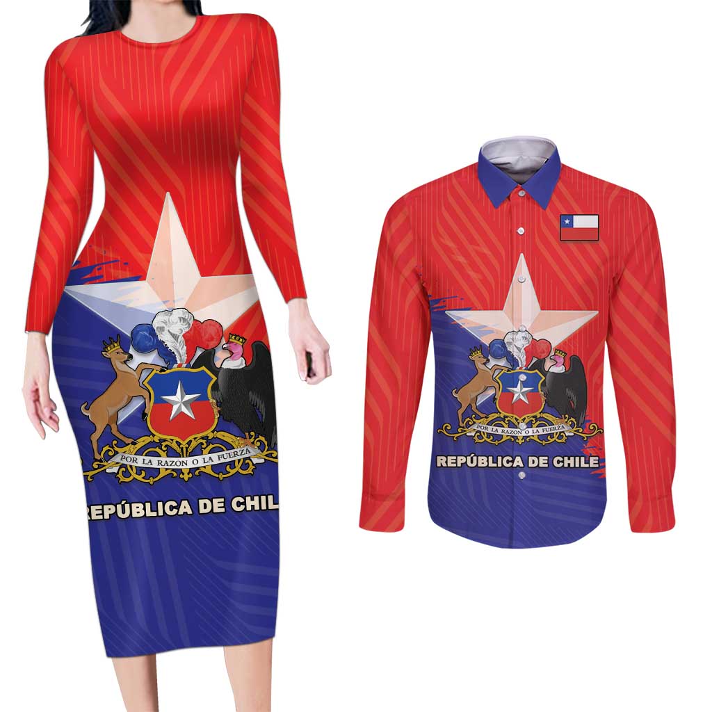 Chile Coat Of Arms Couples Matching Long Sleeve Bodycon Dress and Long Sleeve Button Shirt With Flag Style - Wonder Print Shop