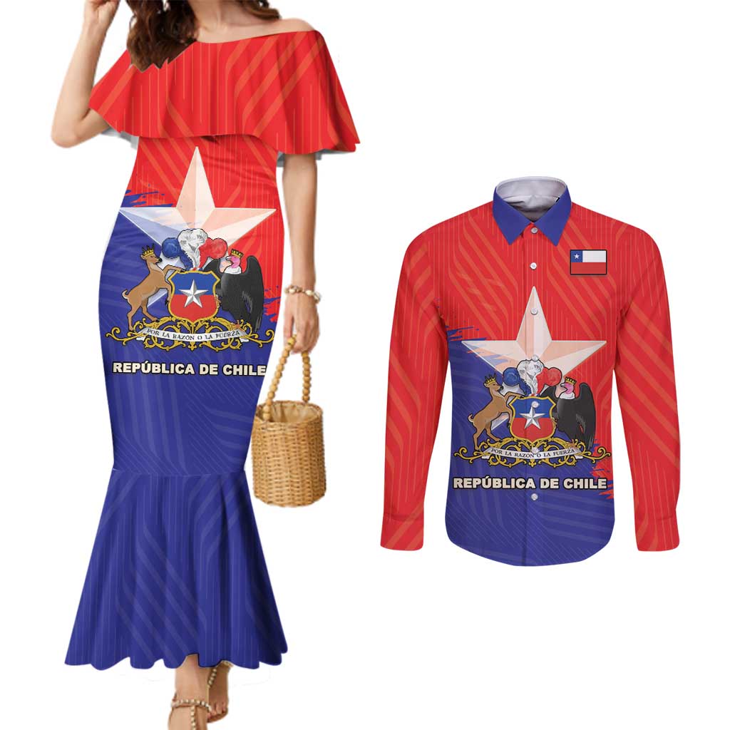 Chile Coat Of Arms Couples Matching Mermaid Dress and Long Sleeve Button Shirt With Flag Style